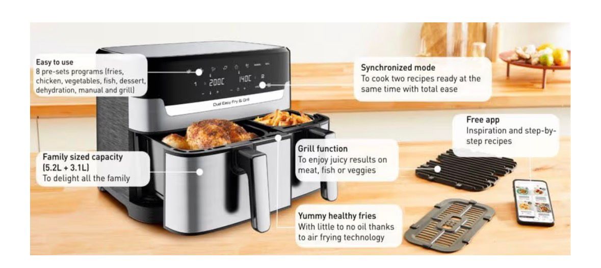 Tefal Airfryer & Grill |Dual Easy Fry & Grill | 8.3 L | Dual Drawers | 8 Pre-Set Cooking Programs | Dishwasher-Safe Parts